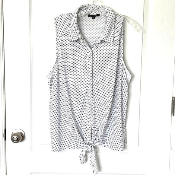 Adrianna Papell Wms XL White Black Dot Sleeveless Button Up Tie Front Blouse - Picture 10 of 10